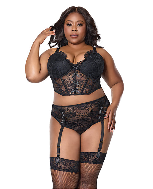Lace Bustier w/Padded Cups & Gartered Thong Panty 2 pc Set - Black 3X/4X - Adult plus-size apparel