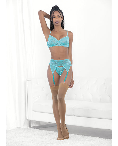 Lace & Mesh Underwire Bra, Garterbelt & G-String Malibu Blue XL - Adult plus-size apparel