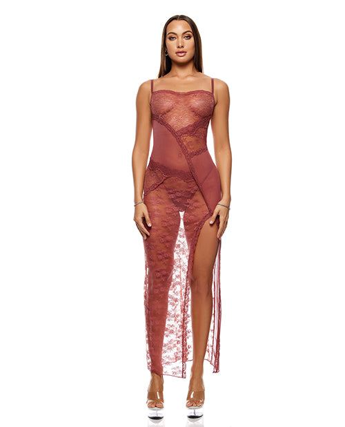 Patch of Petals Sheer Mesh and Lace Gown w/Thong 2 pc Set - Mauve XL - Adult plus-size apparel