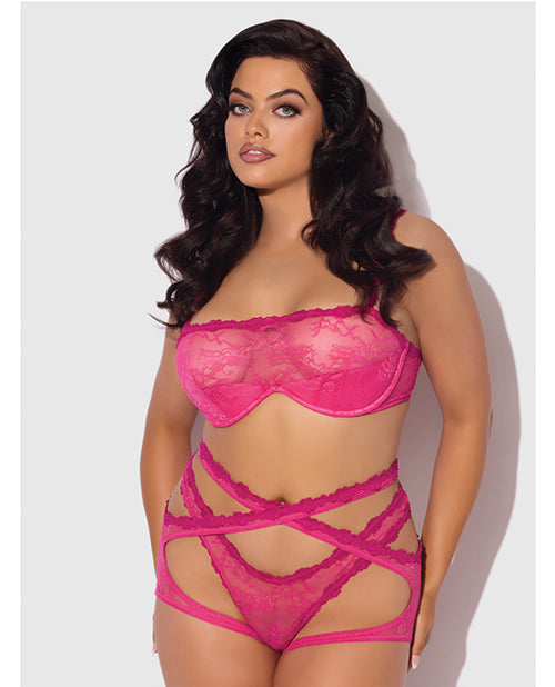 Yvone Lace Bra w/Removable Straps, Garter & Tanga Panty 3 pc Set - Pink 3X/4X - Adult plus-size apparel