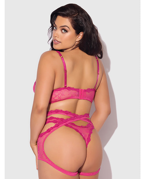 Yvone Lace Bra w/Removable Straps, Garter & Tanga Panty 3 pc Set - Pink 3X/4X - Adult plus-size apparel
