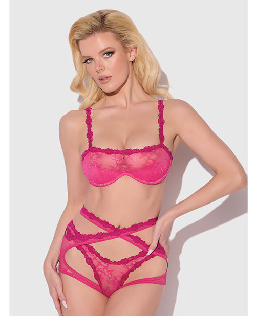Yvone Lace Bra w/Removable Straps, Garter & Tanga Panty 3 pc Set - Pink XL - Adult plus-size apparel