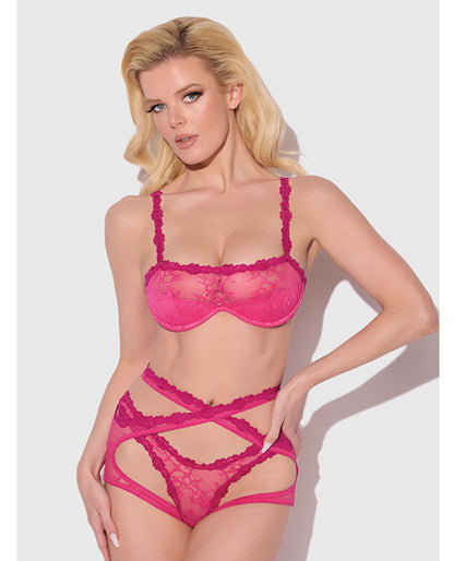 Yvone Lace Bra w/Removable Straps, Garter & Tanga Panty 3 pc Set - Pink XL - Adult plus-size apparel
