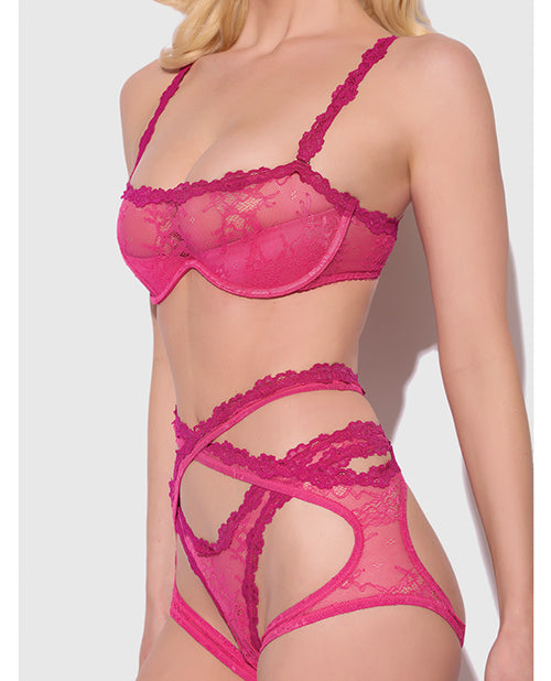 Yvone Lace Bra w/Removable Straps, Garter & Tanga Panty 3 pc Set - Pink XL - Adult plus-size apparel