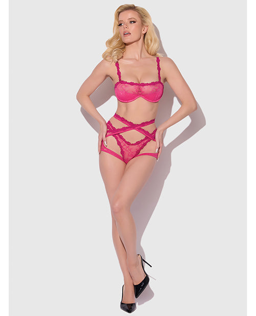 Yvone Lace Bra w/Removable Straps, Garter & Tanga Panty 3 pc Set - Pink XL - Adult plus-size apparel