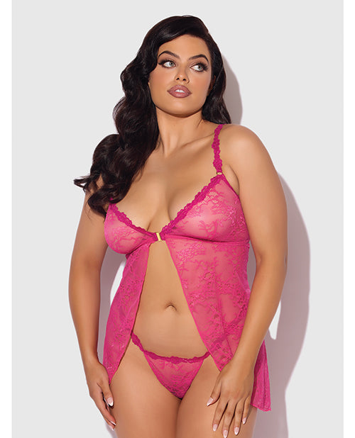 Yvone Lace Babydoll w/Front Closure & G-String 2 pc Set - Pink 3X/4X - Adult plus-size apparel