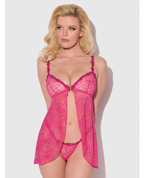 Yvone Lace Babydoll w/Front Closure & G-String 2 pc Set - Pink XL - Adult plus-size apparel