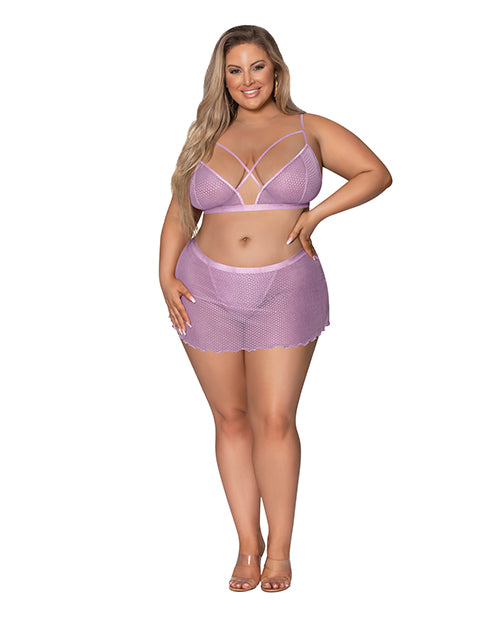 Girl Next Door Strappy Bralette w/Flirty Thong Skirt Lilac 2XL - Adult plus-size apparel