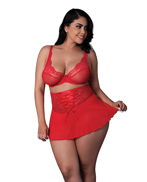 Sugar High Bralette w/Cincher Skirt & Thong 3 pc Set - Red QN - Adult plus-size apparel