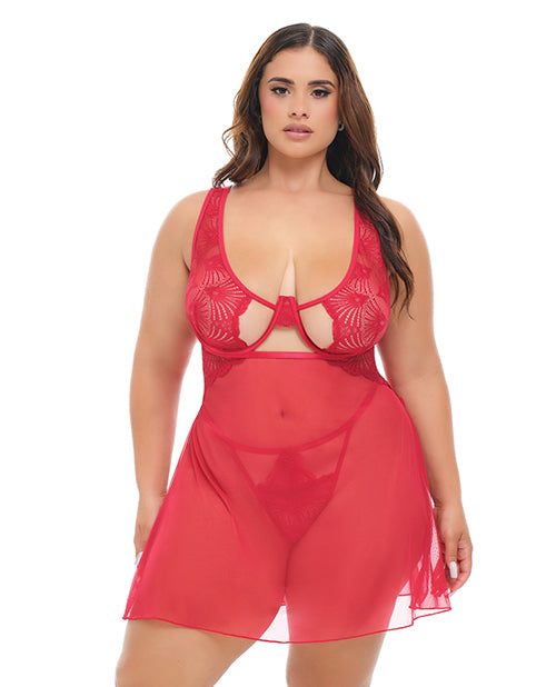 Tiana Lace Babydoll w/Side Slits & Strap Details - Red 1X/2X - Adult plus-size apparel