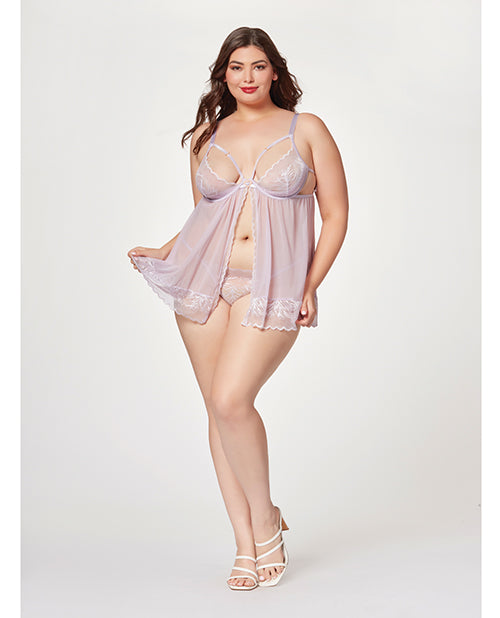 Sheer Mesh & Lace Demi Cup Babydoll & Thong Lavender 3X/4X - Adult plus-size apparel